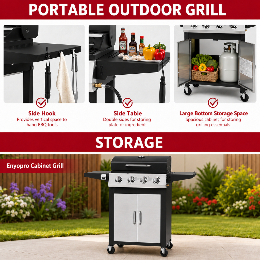 Enyopro 4 Burner BBQ Propane Gas Grill, Stainless Steel 40,000 BTU Patio Garden Barbecue Grill with Side Tables, Built-in Thermometer, 4 Universal Wheels for Outdoor Cooking Patio Backyard
