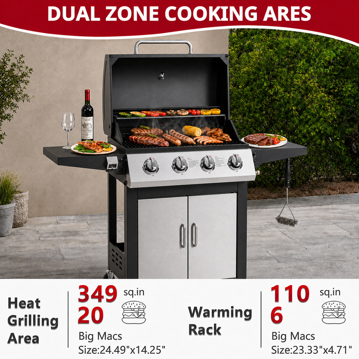Enyopro 4 Burner BBQ Propane Gas Grill, Stainless Steel 40,000 BTU Patio Garden Barbecue Grill with Side Tables, Built-in Thermometer, 4 Universal Wheels for Outdoor Cooking Patio Backyard