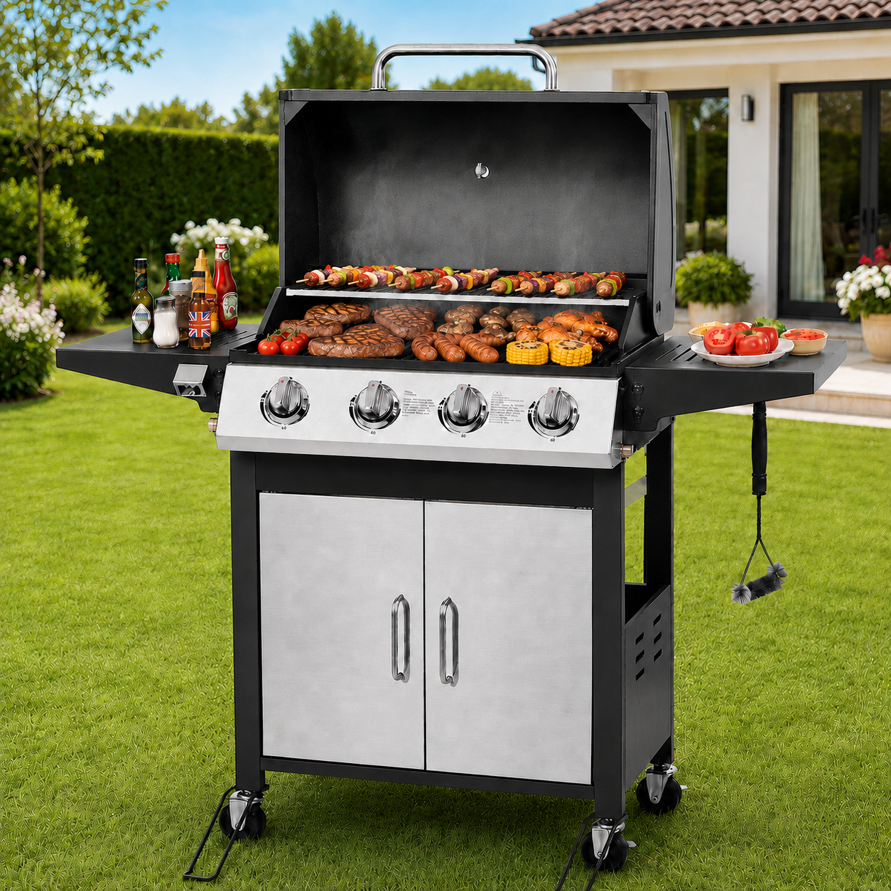 Enyopro 4 Burner BBQ Propane Gas Grill, Stainless Steel 40,000 BTU Patio Garden Barbecue Grill with Side Tables, Built-in Thermometer, 4 Universal Wheels for Outdoor Cooking Patio Backyard