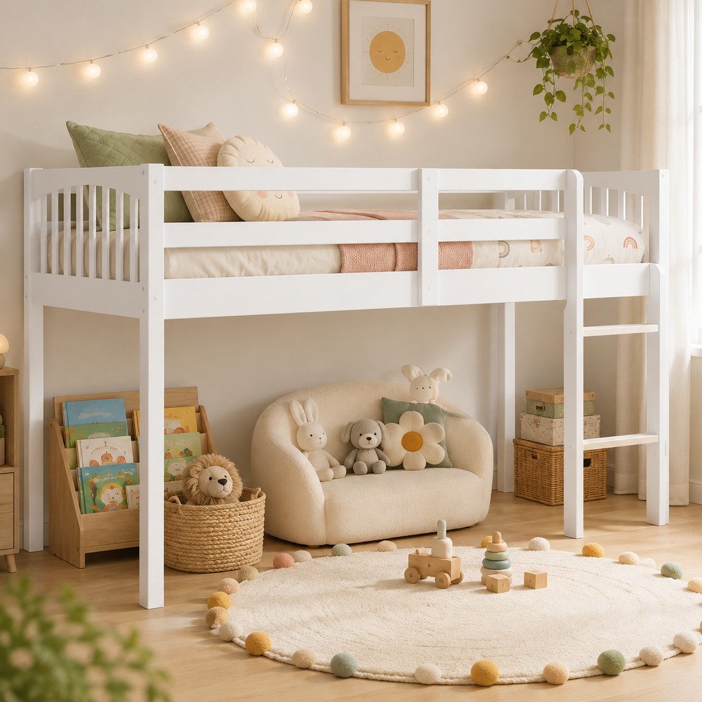 SESSLIFE Twin Size Loft Bed with Stairs, Gray Tall Solid Wood Loft Bed with Ladder and Guardrails for Boys Girls, No Box Spring Needed，Under Bed Storage