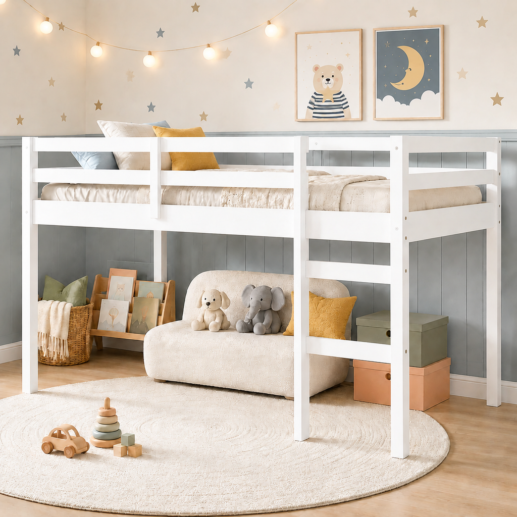 SESSLIFE Twin Size Loft Bed with Stairs, Gray Tall Solid Wood Loft Bed with Ladder and Guardrails for Boys Girls, No Box Spring Needed，Under Bed Storage