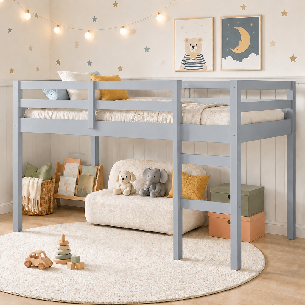 SESSLIFE Twin Size Loft Bed with Stairs, Gray Tall Solid Wood Loft Bed with Ladder and Guardrails for Boys Girls, No Box Spring Needed，Under Bed Storage