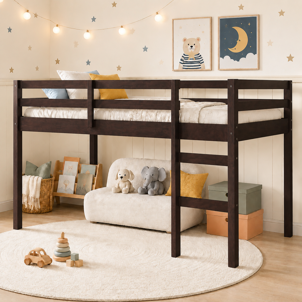 SESSLIFE Twin Size Loft Bed with Stairs, Gray Tall Solid Wood Loft Bed with Ladder and Guardrails for Boys Girls, No Box Spring Needed，Under Bed Storage