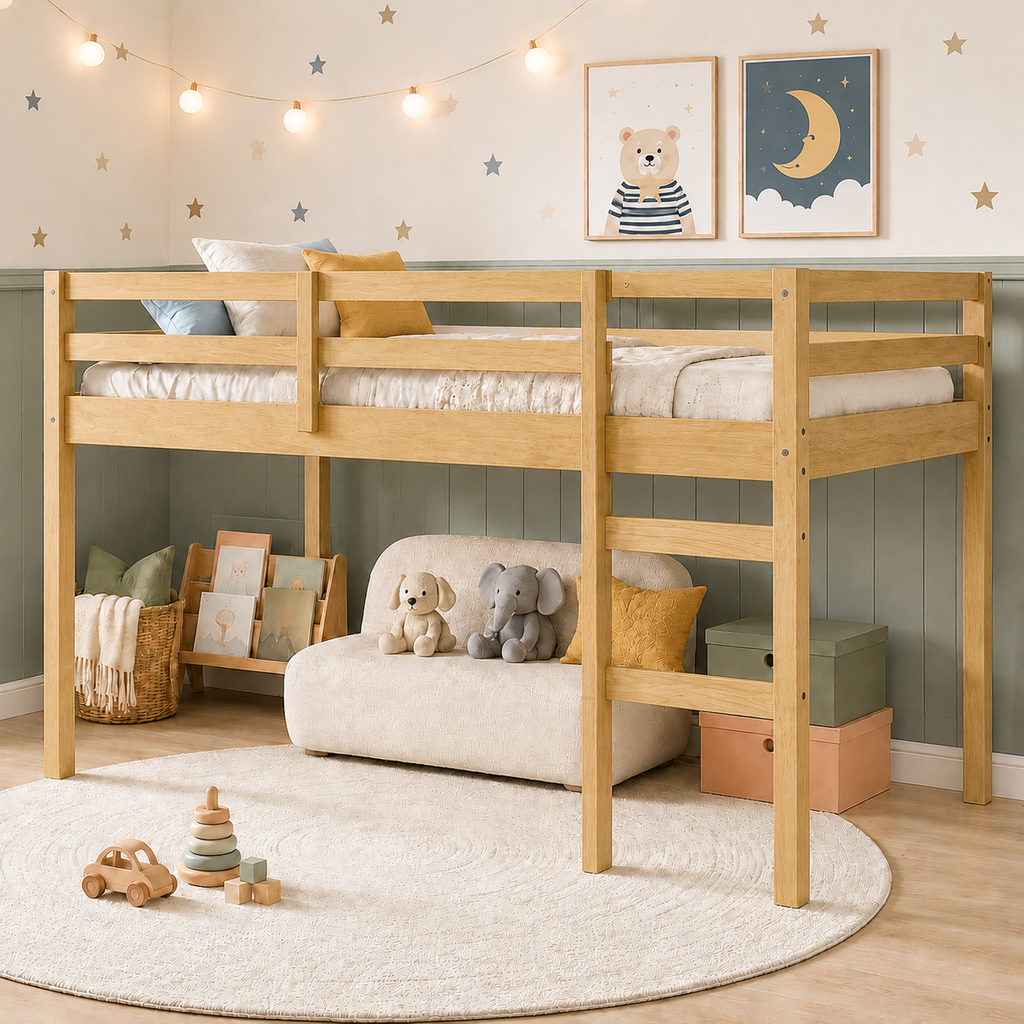 SESSLIFE Twin Size Loft Bed with Stairs, Gray Tall Solid Wood Loft Bed with Ladder and Guardrails for Boys Girls, No Box Spring Needed，Under Bed Storage