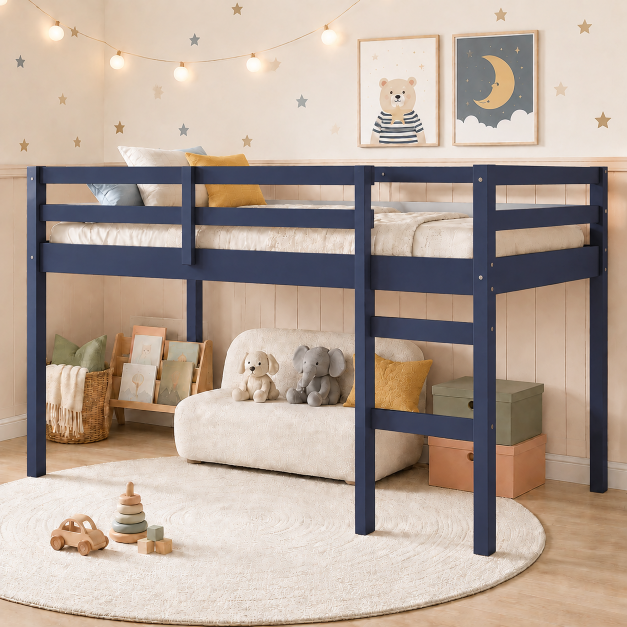 SESSLIFE Twin Size Loft Bed with Stairs, Gray Tall Solid Wood Loft Bed with Ladder and Guardrails for Boys Girls, No Box Spring Needed，Under Bed Storage