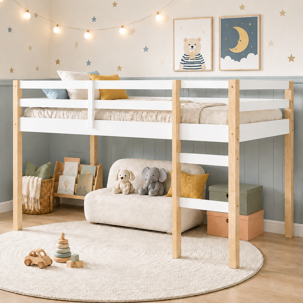 SESSLIFE Twin Size Loft Bed with Stairs, Gray Tall Solid Wood Loft Bed with Ladder and Guardrails for Boys Girls, No Box Spring Needed，Under Bed Storage