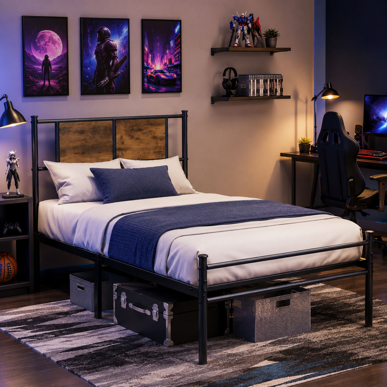SESSLIFE Twin Size Bed Frame with Headboard, Metal Platform Bed Frame with Wood Panel, Noise Free Steel Slat Support, No Box Spring Needed, Under Bed Storage, 300 LBS