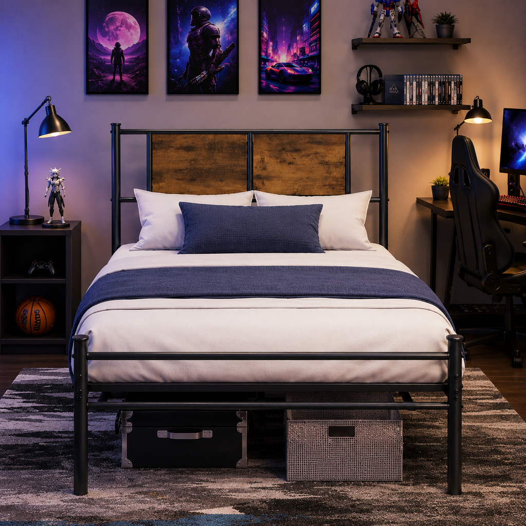 SESSLIFE Twin Size Bed Frame with Headboard, Metal Platform Bed Frame with Wood Panel, Noise Free Steel Slat Support, No Box Spring Needed, Under Bed Storage, 300 LBS