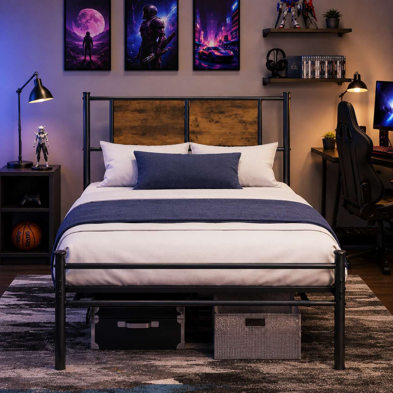 SESSLIFE Twin Size Bed Frame with Headboard, Metal Platform Bed Frame with Wood Panel, Noise Free Steel Slat Support, No Box Spring Needed, Under Bed Storage, 300 LBS