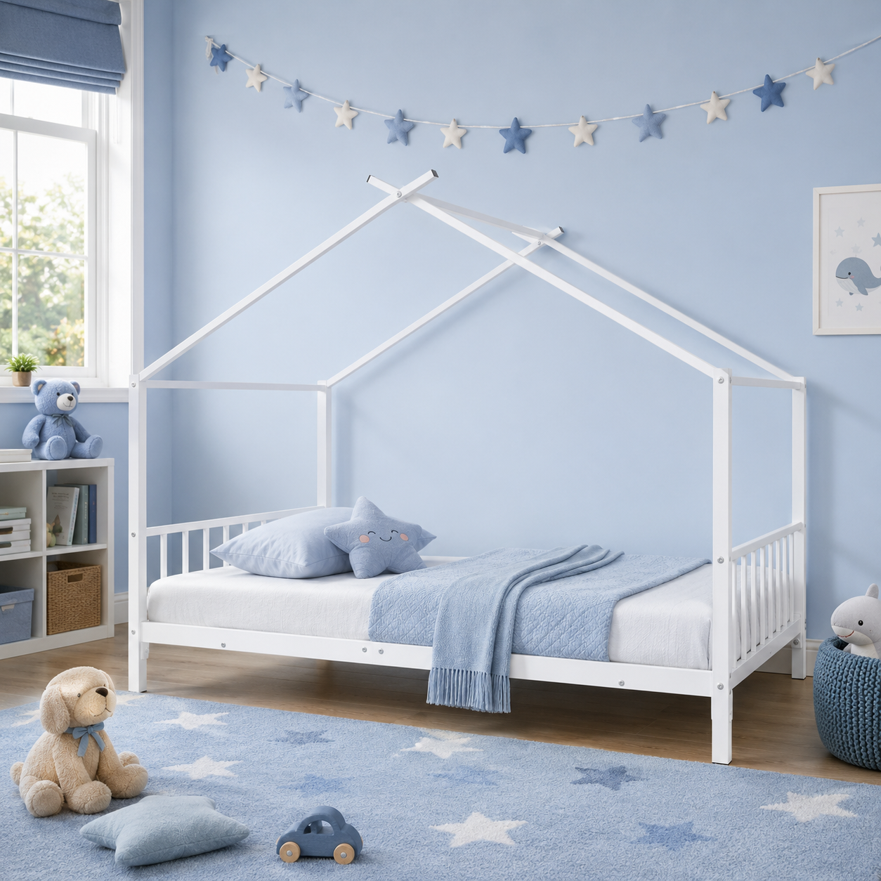 SESSLIFE Twin House Bed Frame White, Twin Floor Bed with Roof Frame, Montessori Style Metal Platform Bed with 18 Slats, No Box Spring Needed, 350 lb Support