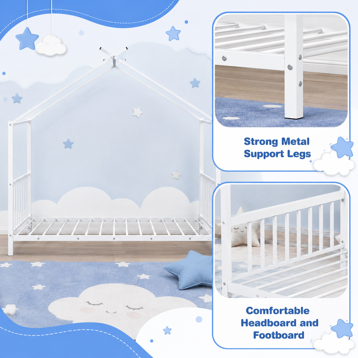 SESSLIFE Twin House Bed Frame White, Twin Floor Bed with Roof Frame, Montessori Style Metal Platform Bed with 18 Slats, No Box Spring Needed, 350 lb Support