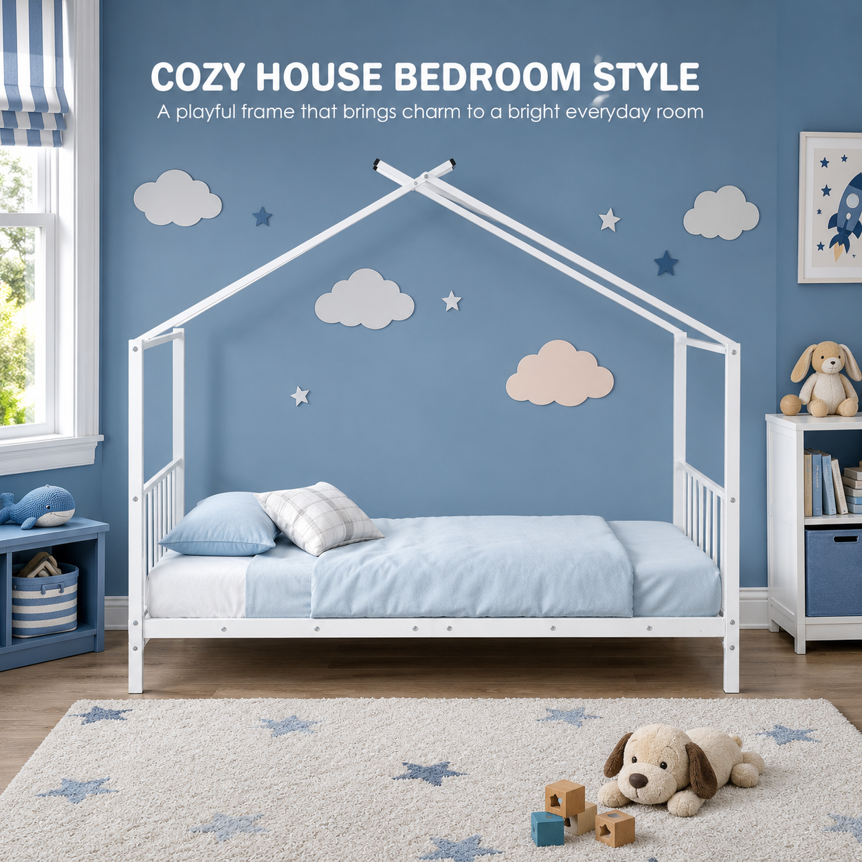 SESSLIFE Twin House Bed Frame White, Twin Floor Bed with Roof Frame, Montessori Style Metal Platform Bed with 18 Slats, No Box Spring Needed, 350 lb Support
