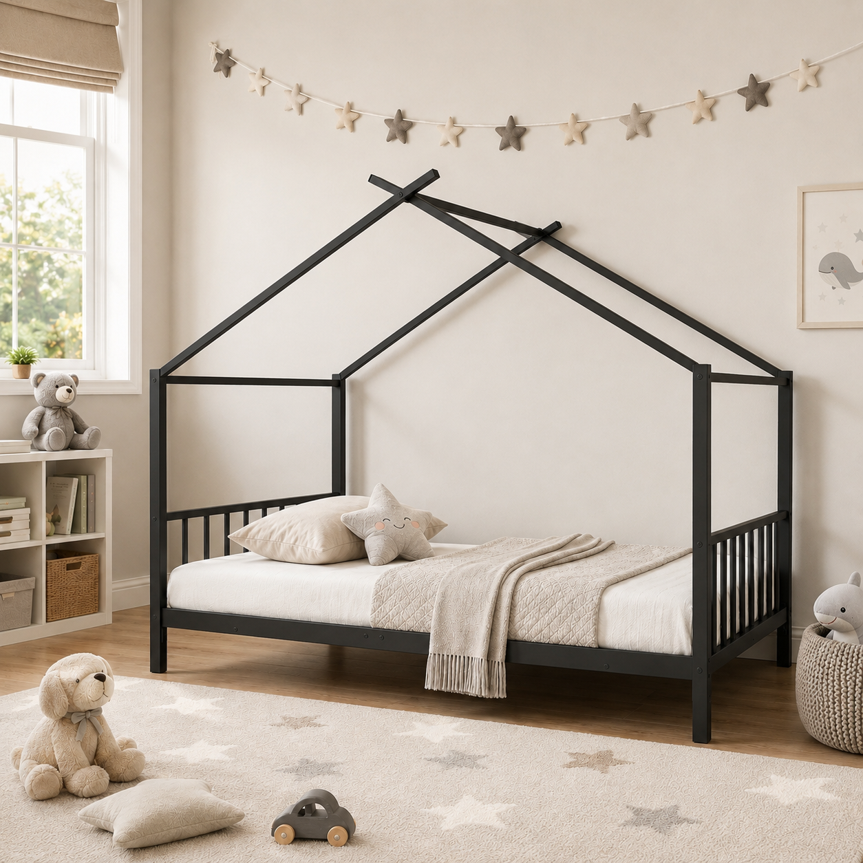 SESSLIFE Twin House Bed Frame White, Twin Floor Bed with Roof Frame, Montessori Style Metal Platform Bed with 18 Slats, No Box Spring Needed, 350 lb Support