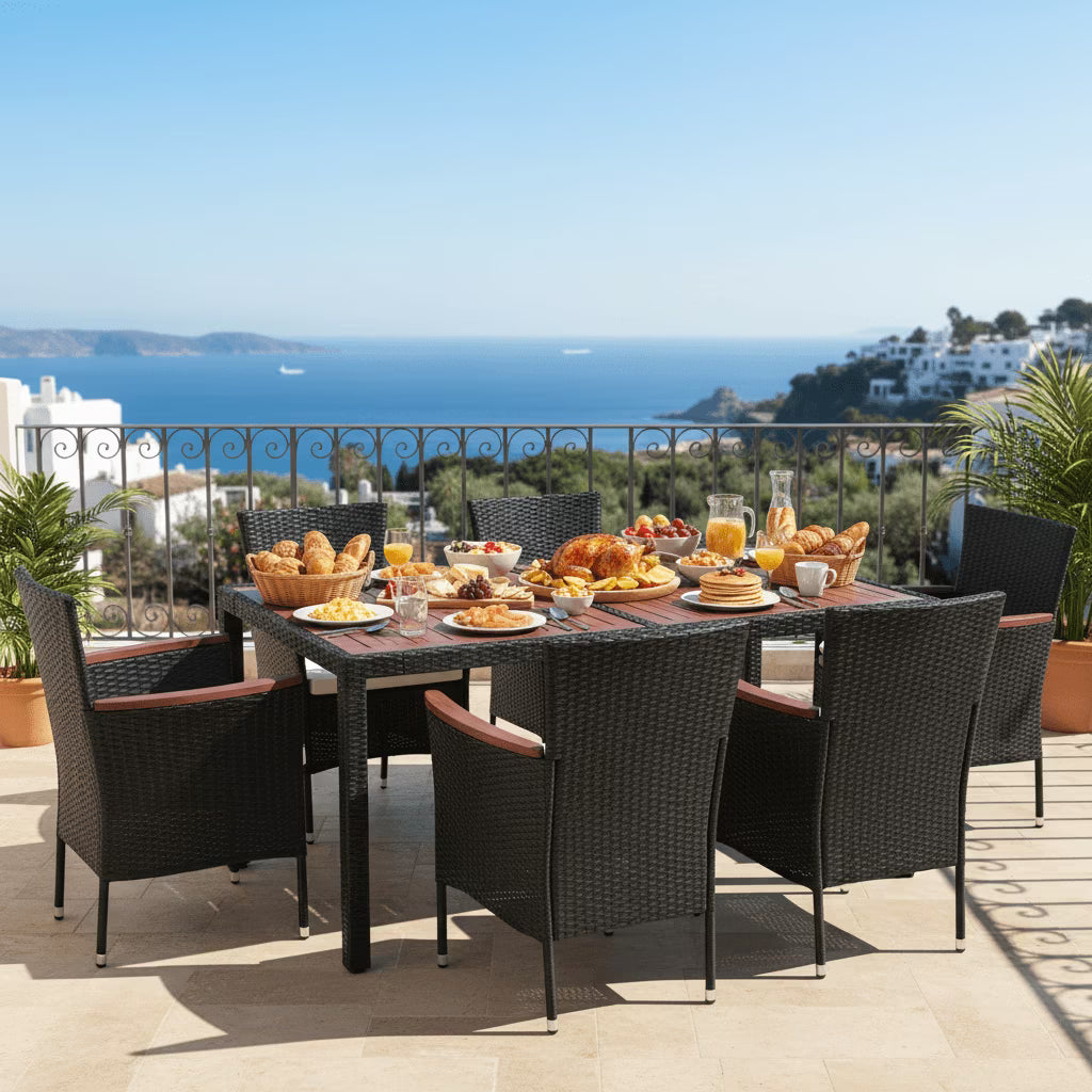 7-piece outdoor patio dining set features high-back chairs and 1.97-inch thick cushions, seating up to 6, perfect for the garden, backyard, or poolside.