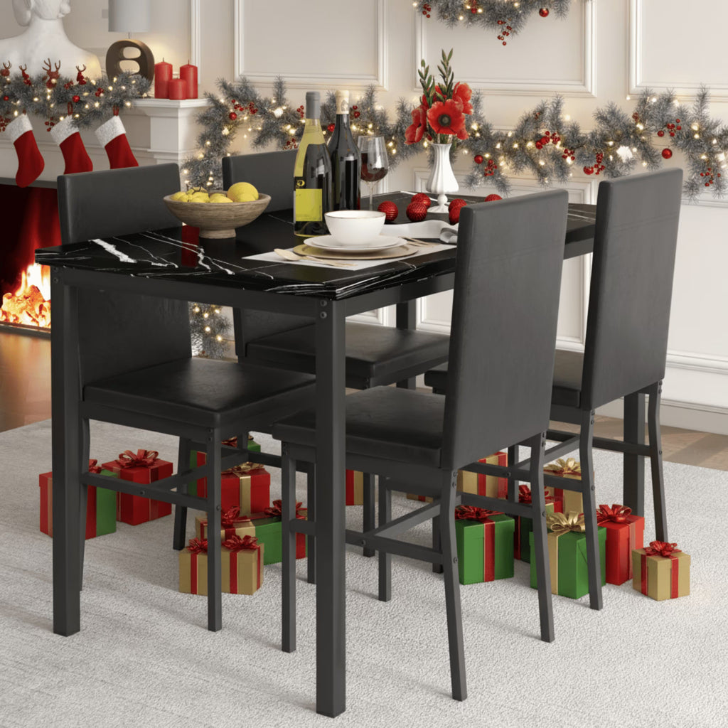 Dining Room Table Set for 4, Kitchen Table Set with 4 Upholstery Chairs, Modern Faux Marble Top Finish Dining Set for Bar, Breakfast Nook, Black