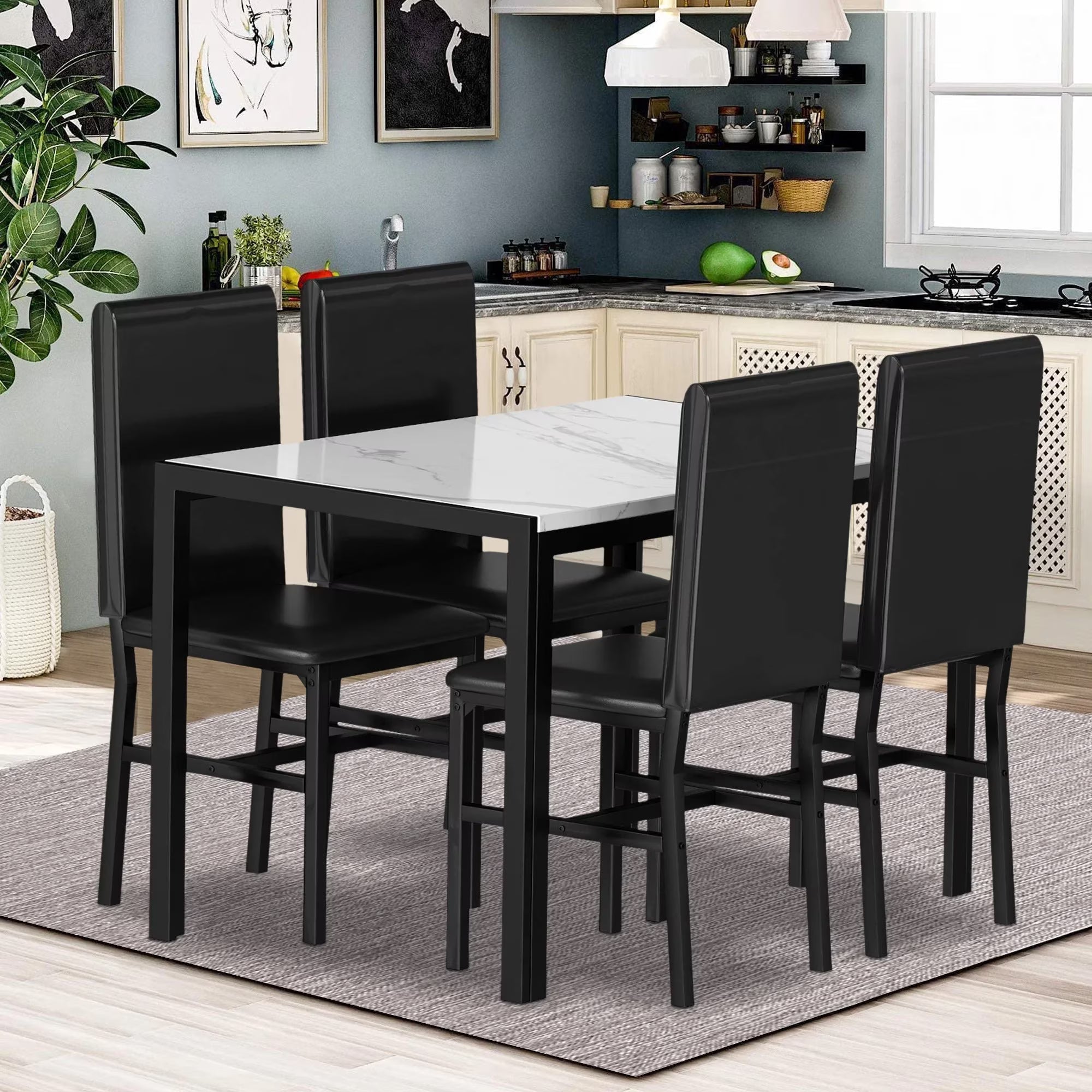 Dining Room Table Set for 4, Kitchen Table Set with 4 Upholstery Chairs, Modern Faux Marble Top Finish Dining Set for Bar, Breakfast Nook, Black
