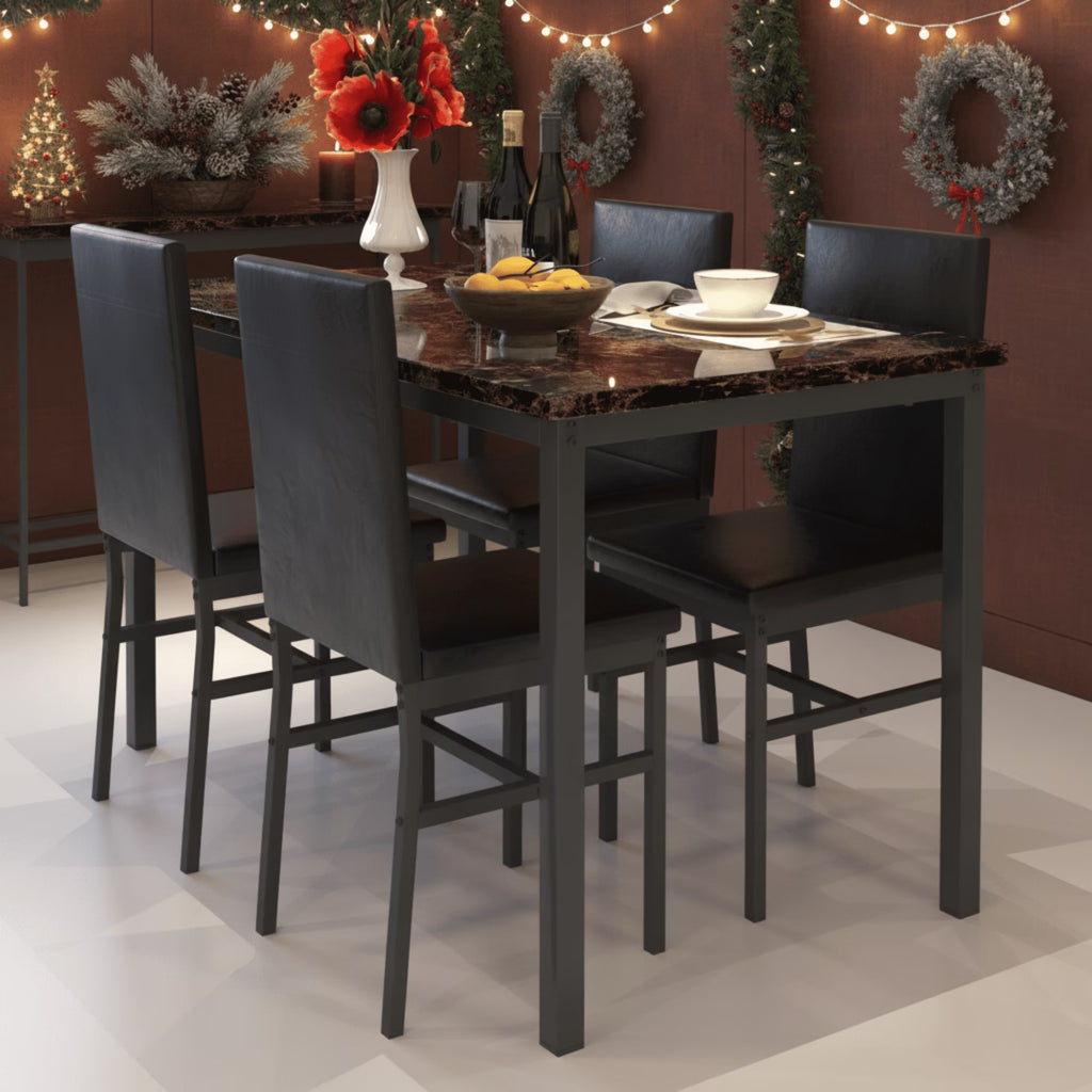 Dining Room Table Set for 4, Kitchen Table Set with 4 Upholstery Chairs Chairs, Modern Faux Marble Top Finish Dining Set for Bar, Breakfast Nook, Brown
