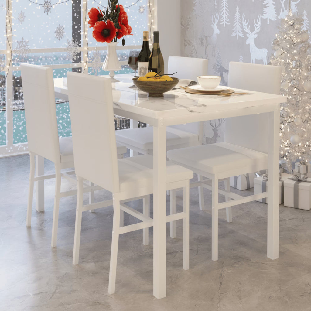 Dining Room Table Set for 4, Kitchen Table Set with 4 PU Upholstery Chairs, Modern Faux Marble Top Finish Dining Set for Bar, Breakfast Nook, White