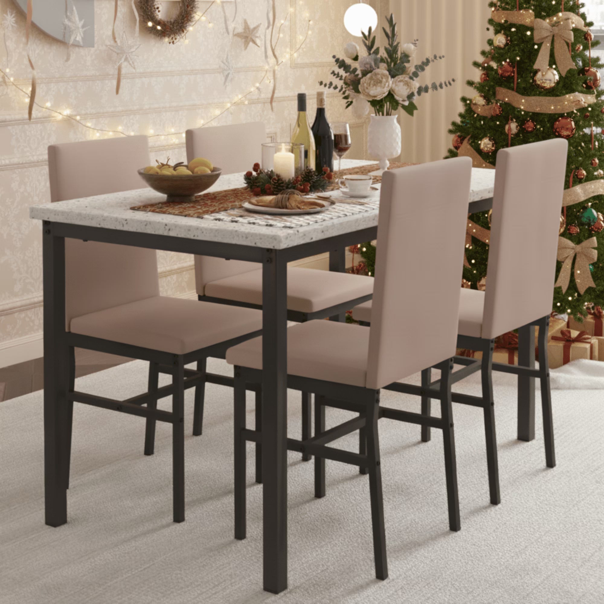 Dining Table Set for 4, Kitchen Table Set with 4 PU Upholstery Chairs, Modern Faux Marble Top Finish Dining Set for Bar, Breakfast Nook, khaki