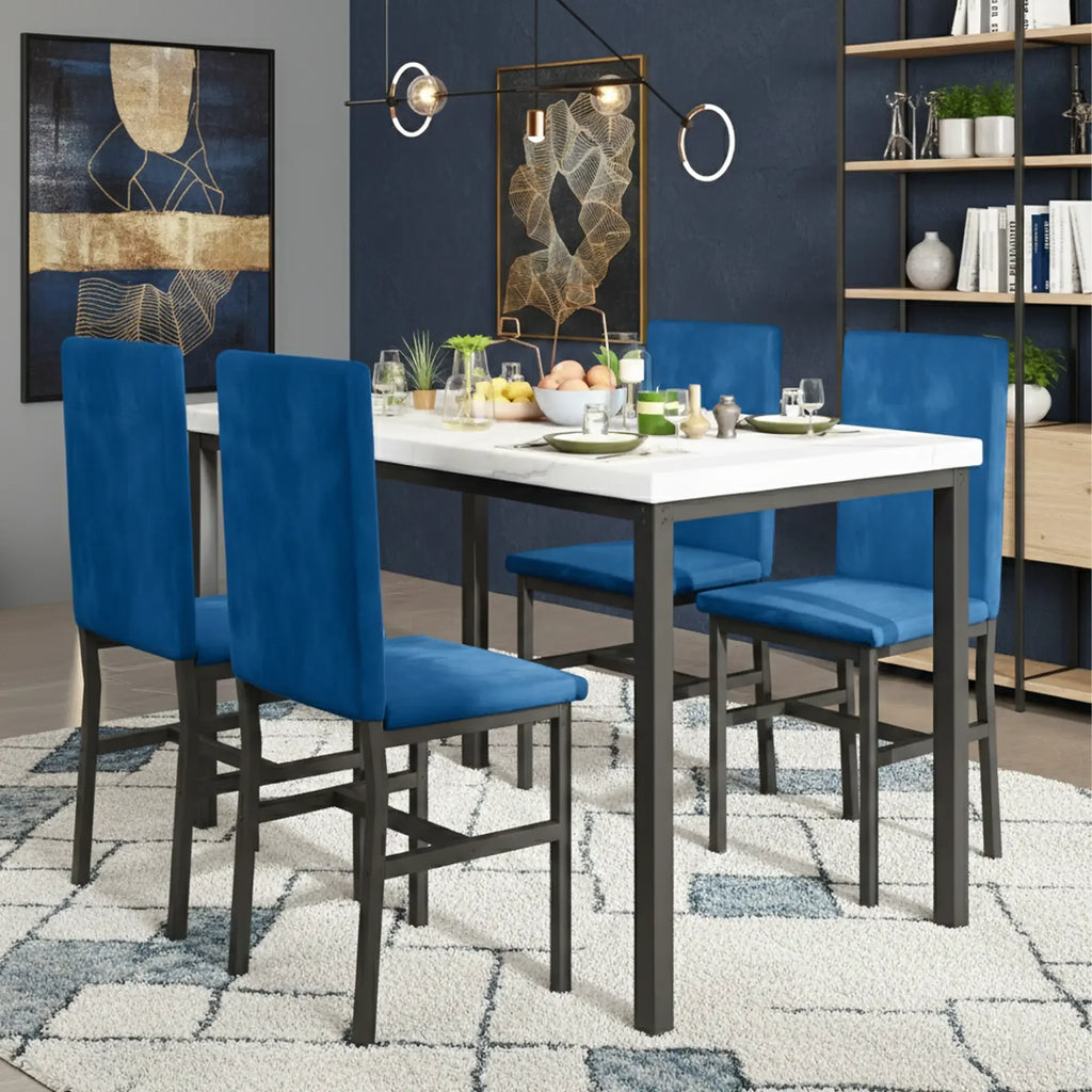 Dining Table Set for 4, Modern Marble Dine Table with 4 Velvet Chairs, Modern Kitchen Table Set for Home, Breakfast Nook, Cafeteria Dining Room, DarkBlue
