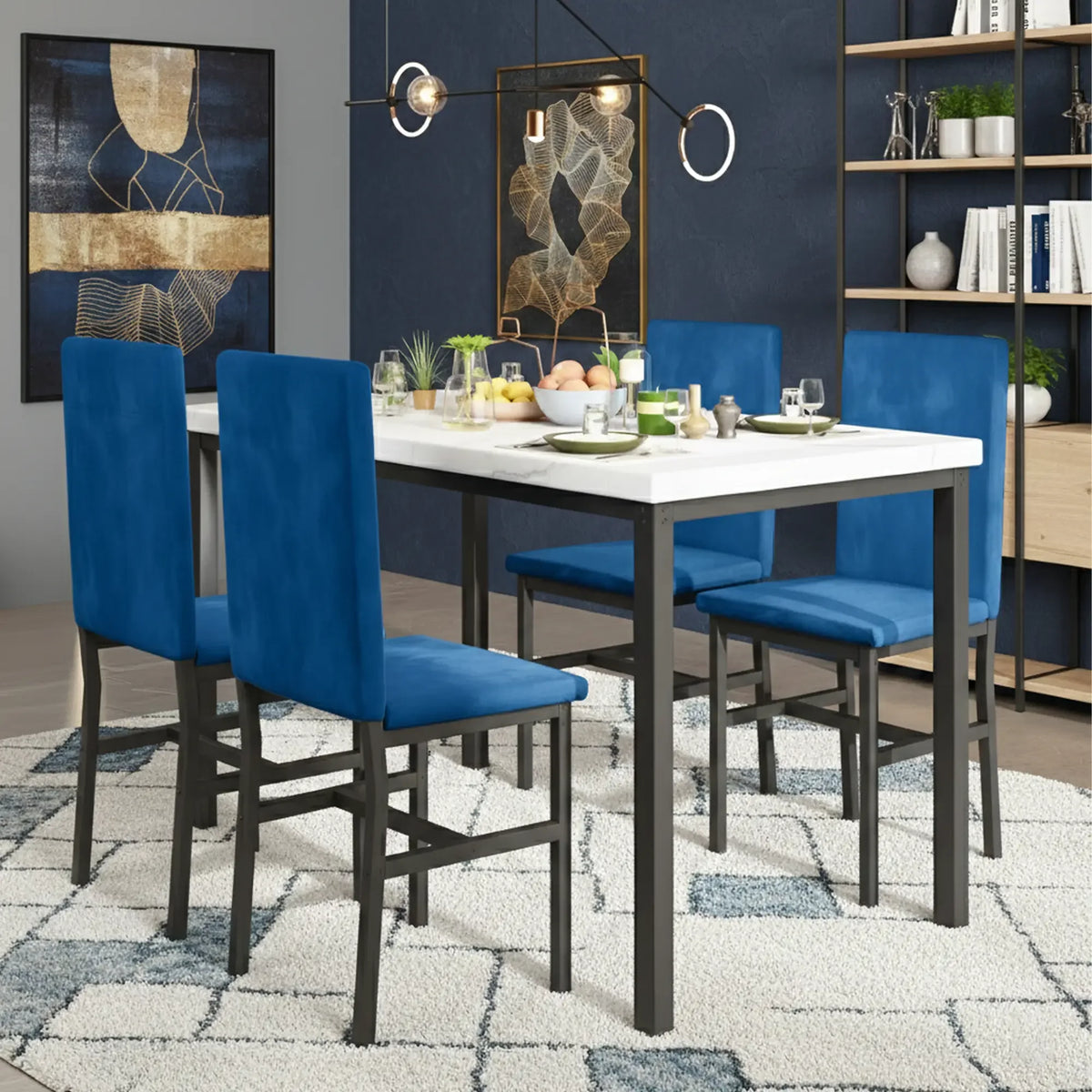 Dining Table Set for 4, Modern Marble Dine Table with 4 Velvet Chairs, Modern Kitchen Table Set for Home, Breakfast Nook, Cafeteria Dining Room, DarkBlue
