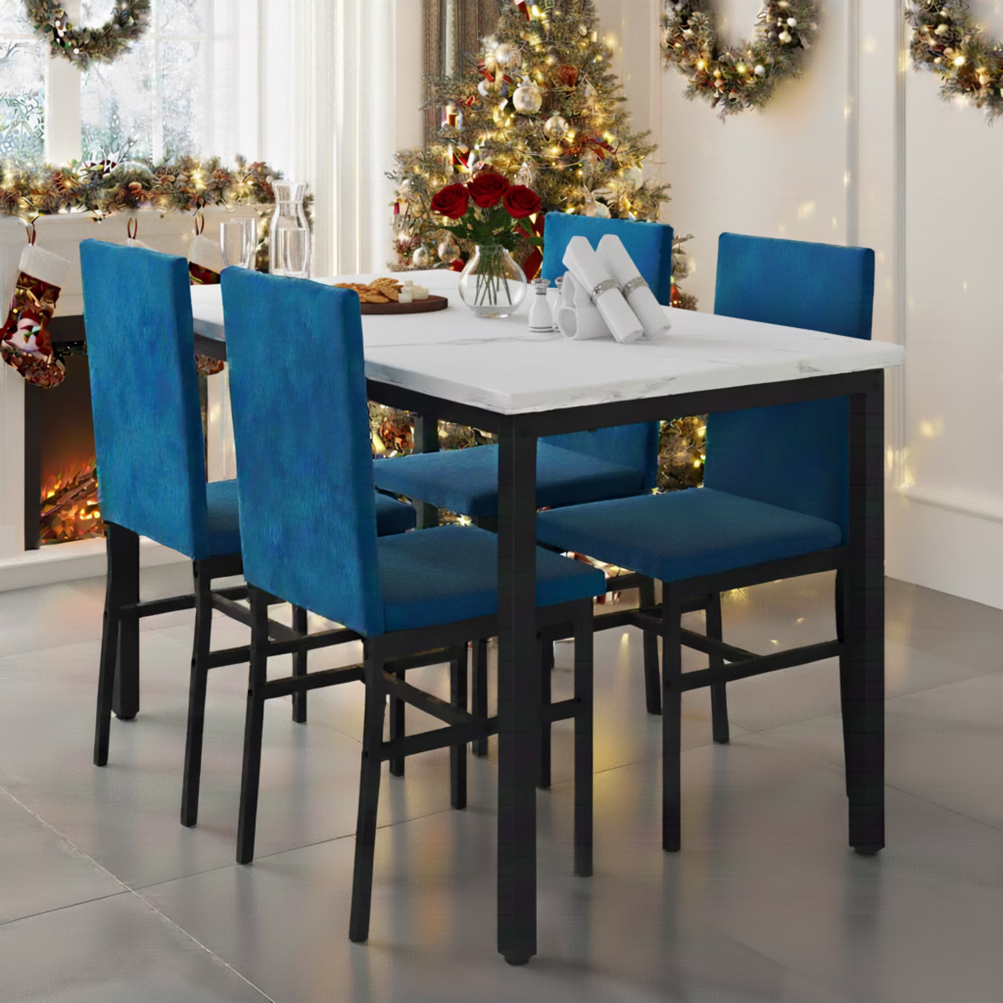 Dining Table Set for 4, Modern Marble Dine Table with 4 Velvet Chairs, Modern Kitchen Table Set for Home, Breakfast Nook, Cafeteria Dining Room, Blue