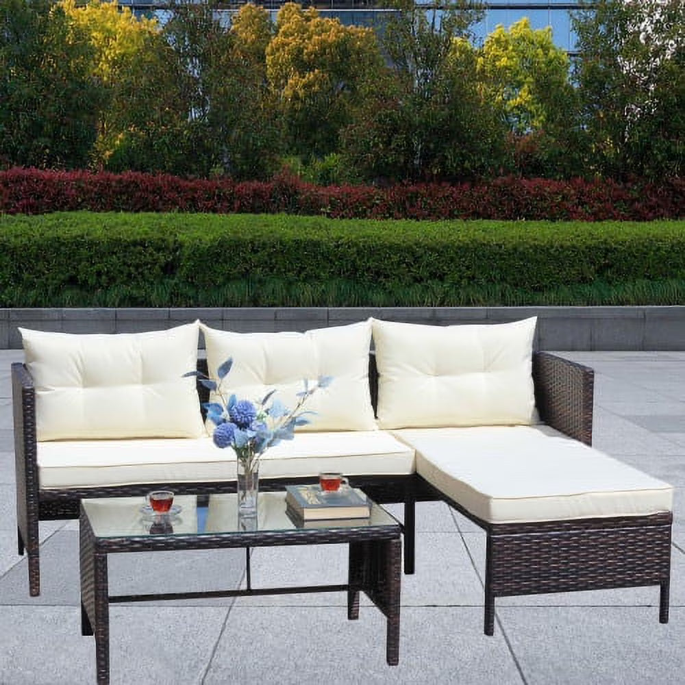 ENYOPRO 3-Piece Outdoor Patio Set, PE Rattan Lounge Sofa with Glass Table, Suitable for Patios, Gardens, Backyards, and Poolside (Off-White )
