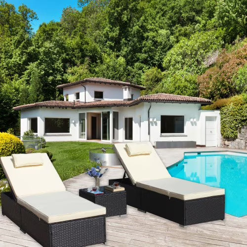 ENYOPRO 3-Piece Outdoor Rattan Lounge Chair Set, Adjustable Backrest Lounge Chair, All-Weather Waterproof Lounge Chair with Coffee Table and Cushions, Suitable for Pools, Patios, and Deck