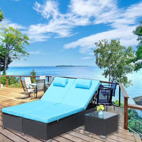 ENYOPRO 3-Piece Outdoor Rattan Lounge Chair Set, Adjustable Backrest Lounge Chair, All-Weather Waterproof Rattan Lounge Chair with Coffee Table and Cushions, Suitable for Pools, Patios, and Deck