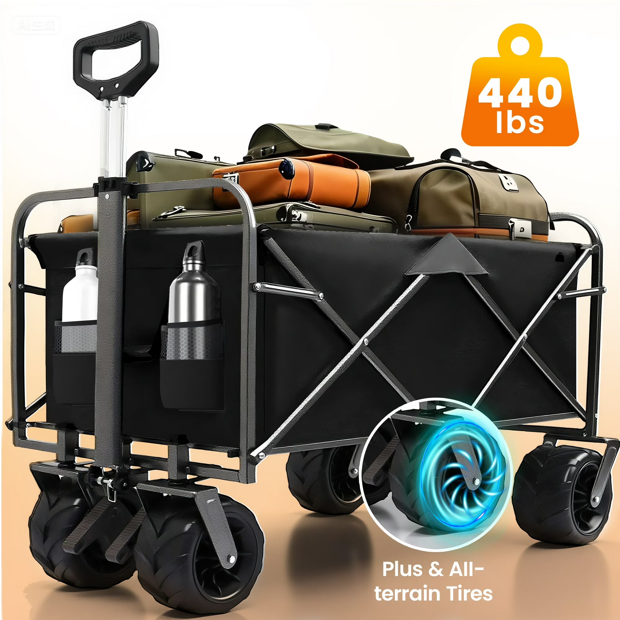 ENYOPRO 440LBS Collapsible Wagon Cart, Heavy Duty Foldable Beach Wagon for Sand w/ Big Wheels, Portable Folding Utility 600D Oxford Cloth Cart with Cup Holder, Extra Pocket, Black&Gray