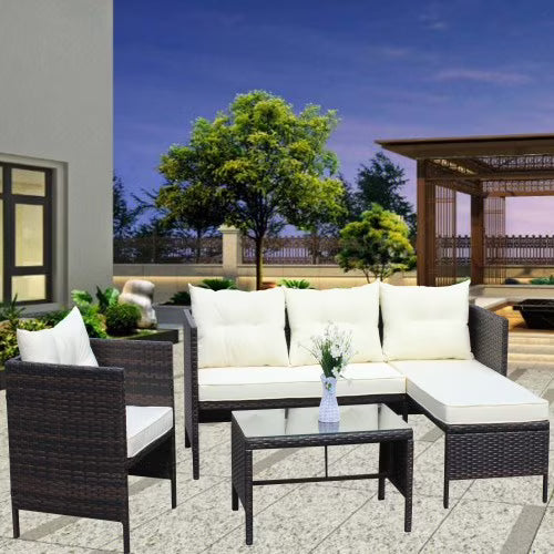 ENYOPRO 4-Piece Outdoor Patio Living Set, PE Rattan Modular All-Weather Lounge Set with Glass Table, Suitable for Patios, Gardens, Backyards, and Poolside (Off-White Cushions)