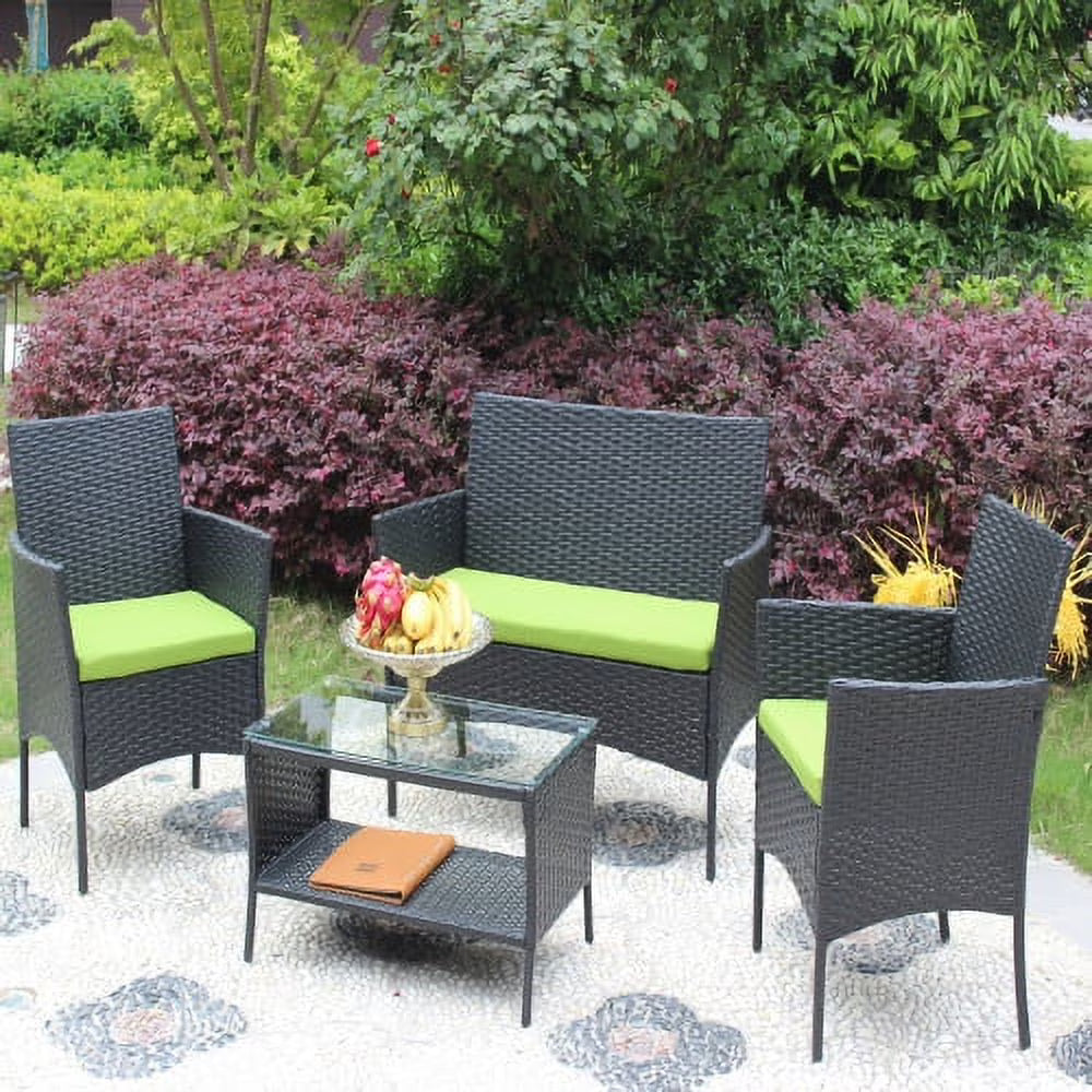 ENYOPRO 4-Piece PE Rattan Patio Conferencing Set, UV-Resistant Outdoor Patio Garden Upholstered Sofa Set with Glass Table (Green Cushions)