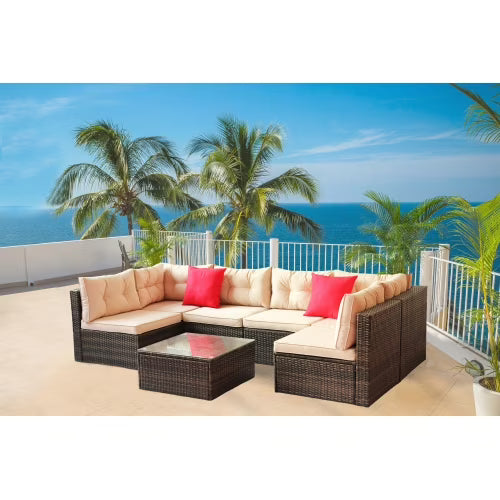 ENYOPRO 7-Piece Outdoor Patio and Garden Set, Modular Outdoor Casual Set with Coffee Glass Table and Cushions, Suitable for Patios, Gardens, Backyards, and Poolside (Light Brown)