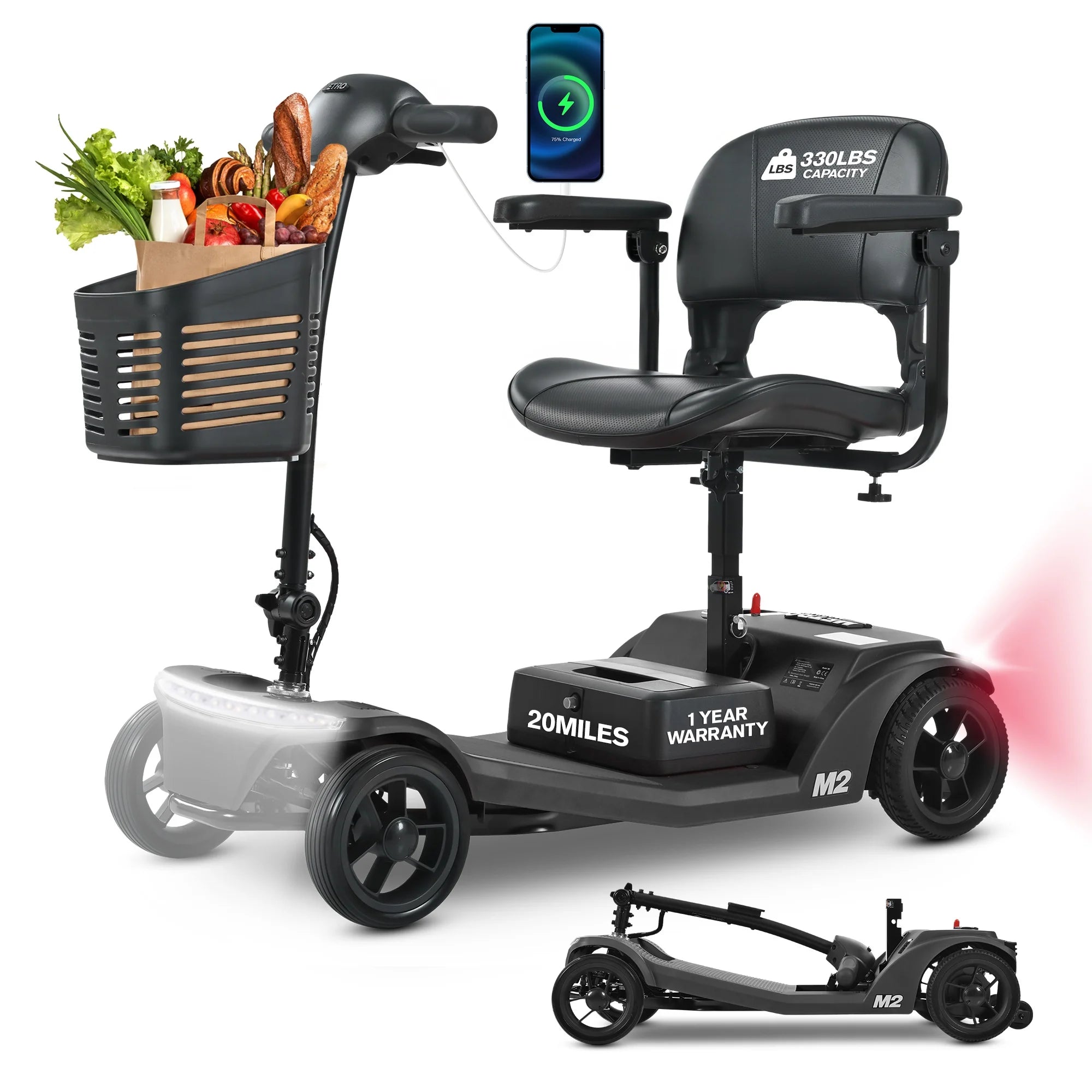 ENYOPRO Mobility Scooters for Seniors, Foldable All-Terrain 4 Wheel Electric Mobility Scooter with Bright Headlights, USB Port, Basket and Long-Range Battery, Black