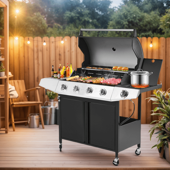 Enyopro 4 Burner Propane Gas Grill w/Side Burner, 50,000BTU Stainless Steel BBQ Grill with Brush, Built-in Thermometer, 4 Universal Wheels for Outdoor Cooking Patio Backyard