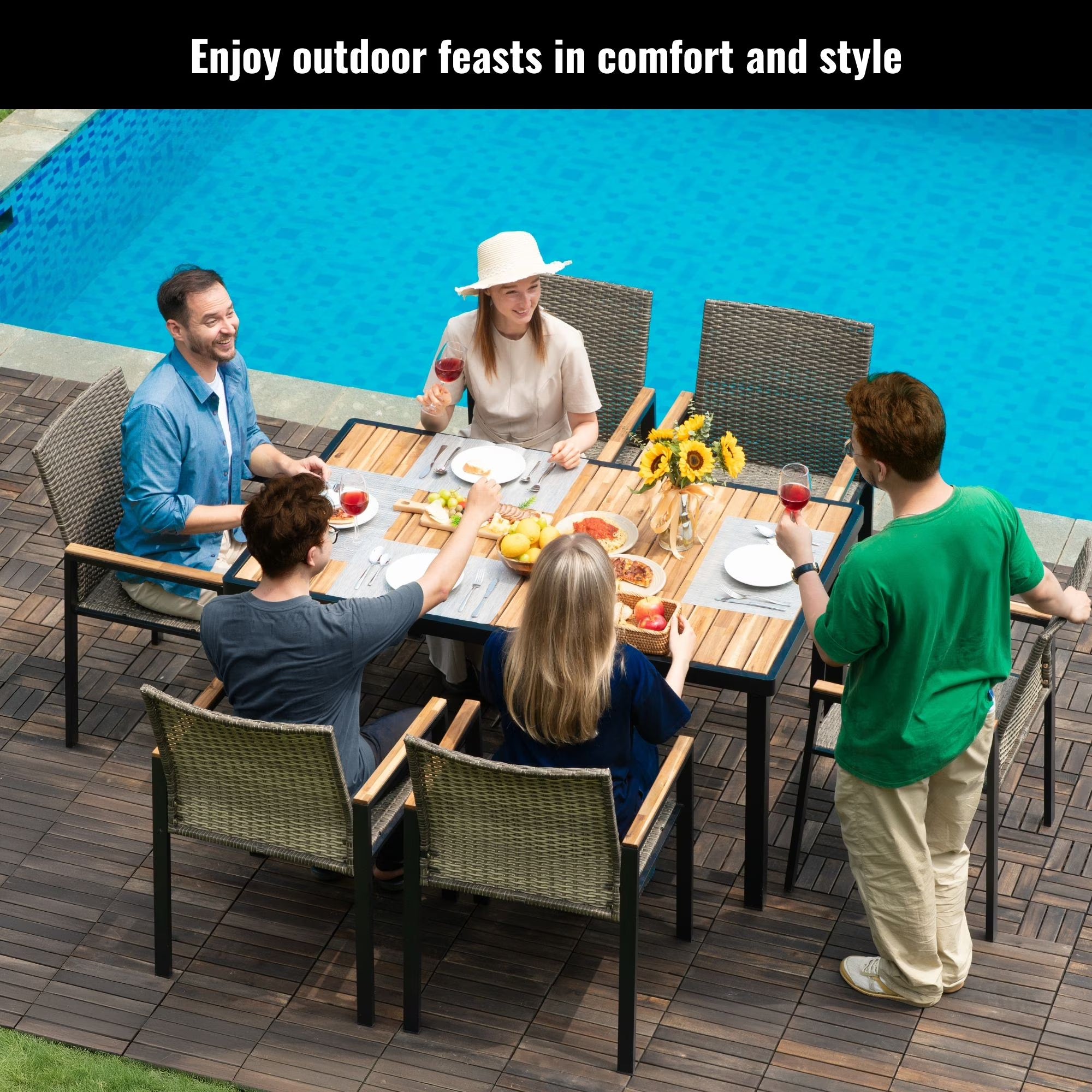Enyopro 7 Piece Rattan Patio Dining Set, Acacia Wood Tabletop & Umbrella Hole, Modern Garden Conversation Set for Patio, Brown Gray