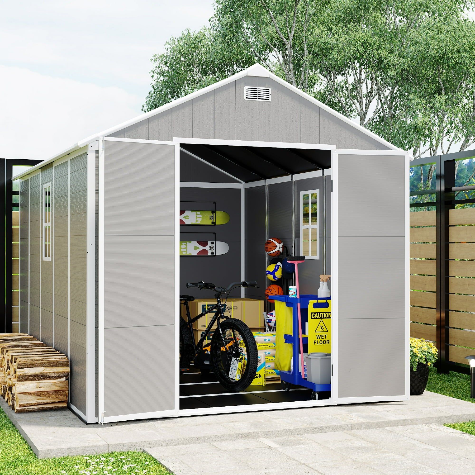 Enyopro 8 x 10FT Outdoor Storage, All-Weather Plastic Resin shed, Utility Tool Large Shed with Dual Lockable Doors for Patio Backyard Lawn, Gray