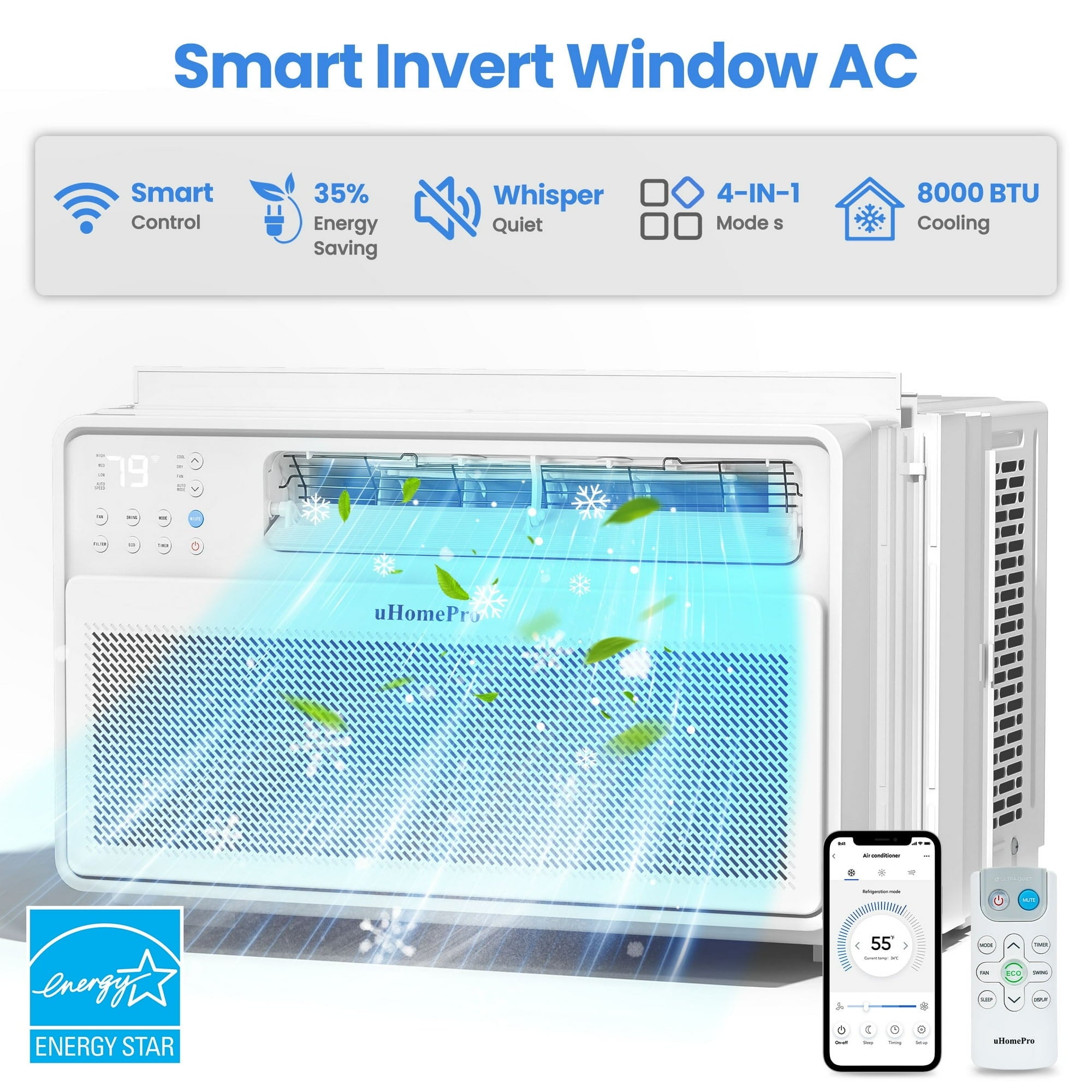 Uhomepro 8000 BTU Smart Inverter Window Air Conditioner, Cools 350 Sq.Ft with 4 Modes, Washable Filter, 35% Energy Saving, App/Remote and LED Control, 42 dB Noise for Living Room, Easy to Install