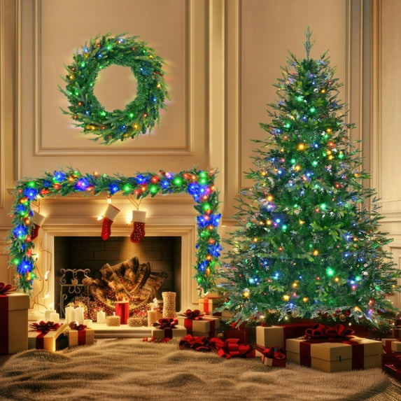 Enyopro Christmas Tree, 6FT Pre-Lit Aspen Fir Artificial Christmas Tree Set with Wreath & Garland, Multi-Color LED Lights, 11 Lighting Modes & PE Branch Tips, for Indoor Holiday Décor