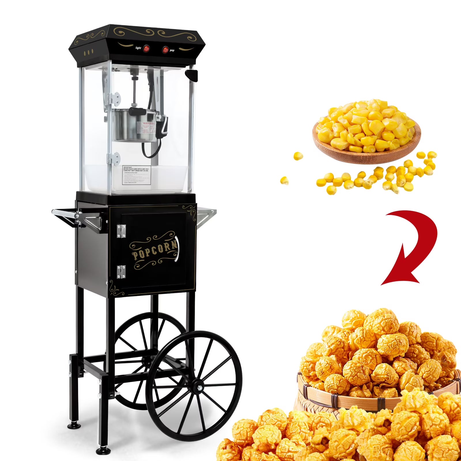 Enyopro Movie Theater Popcorn Machine with Cart, 640W Popcorn Cart with 8oz Stainless Steel Kettle, Black Popcorn Popper Machine with 3 Switch Control, 2 Wheels, 2 Shelves & Storage Cabinet for Party