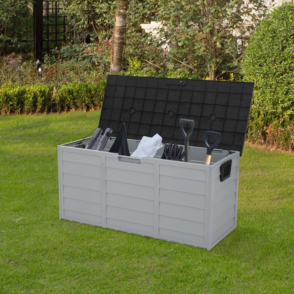 75 Gallon Outdoor Deck Box, Modular Storage Box for Patio Pillows, Pool Equipment and Garden Tools, Weatherproof Container with Lockable Lid, Brown