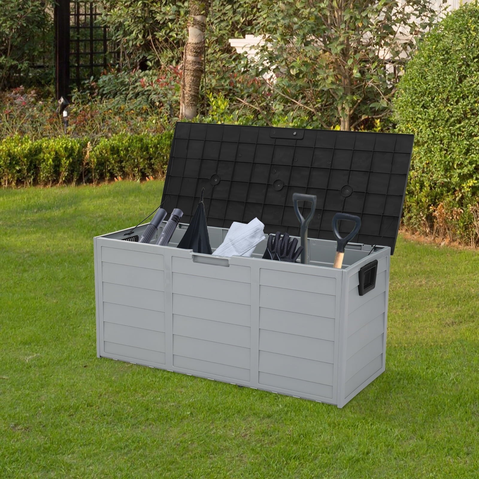 75 Gallon Outdoor Deck Box, Modular Storage Box for Patio Pillows, Pool Equipment and Garden Tools, Weatherproof Container with Lockable Lid, Brown