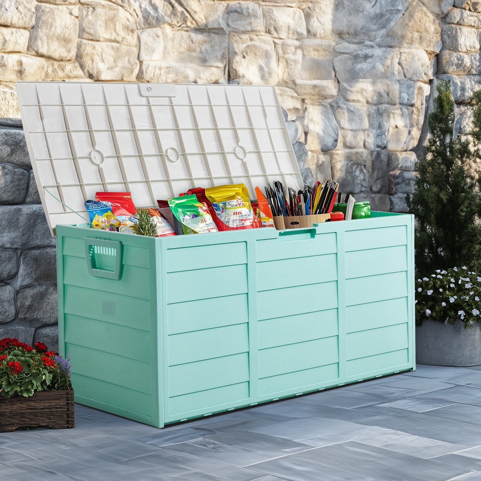 75 Gallon Outdoor Deck Box, Modular Storage Box for Patio Pillows, Pool Equipment and Garden Tools, Weatherproof Container with Lockable Lid, Brown