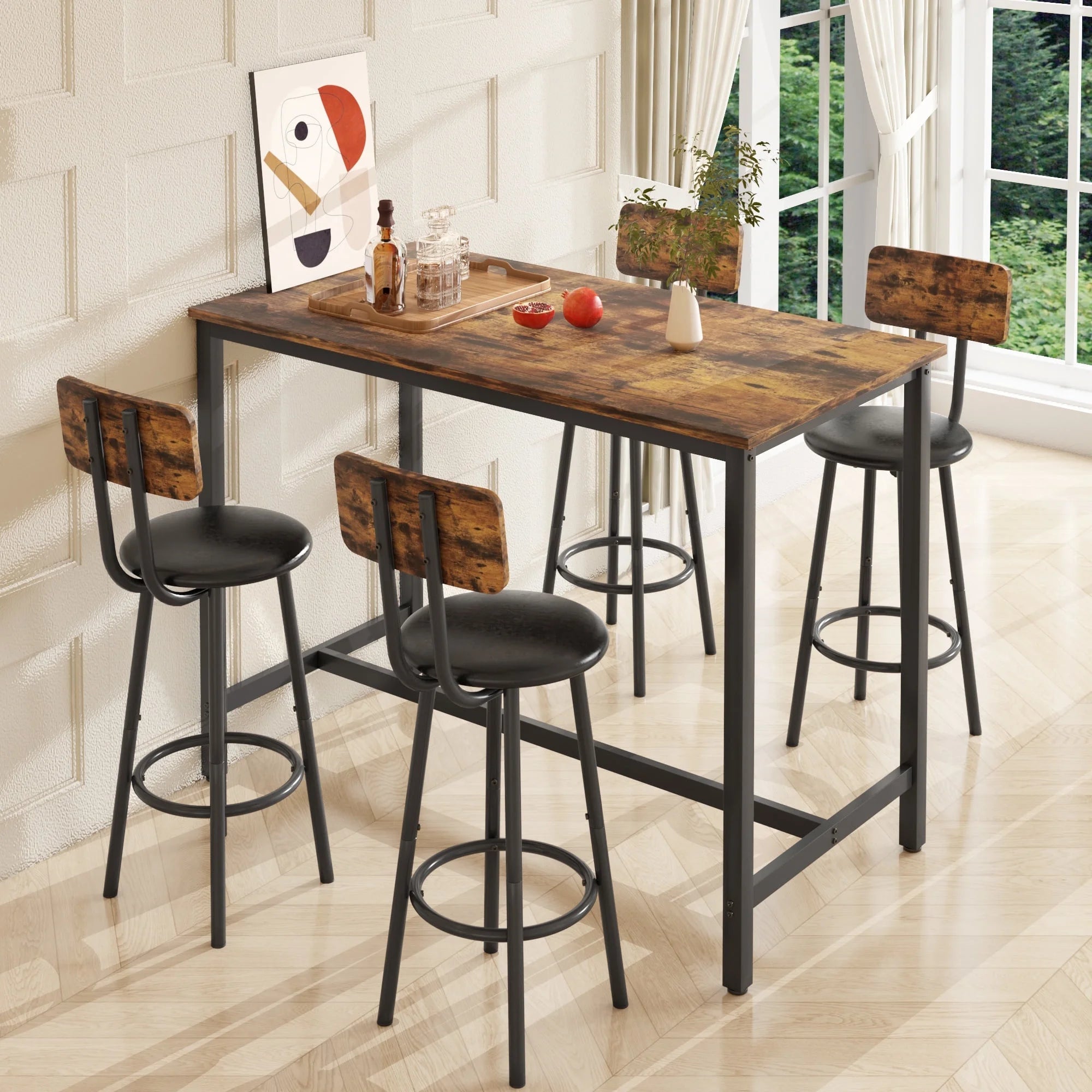 Enyopro Table and Chairs for 4, Wooden Dining Table Set, Corner Dining Set for Breakfast Area, Contemporary Tall Dining Table Set for Bar, Pub, Bistro, Kitchen, Restaurant