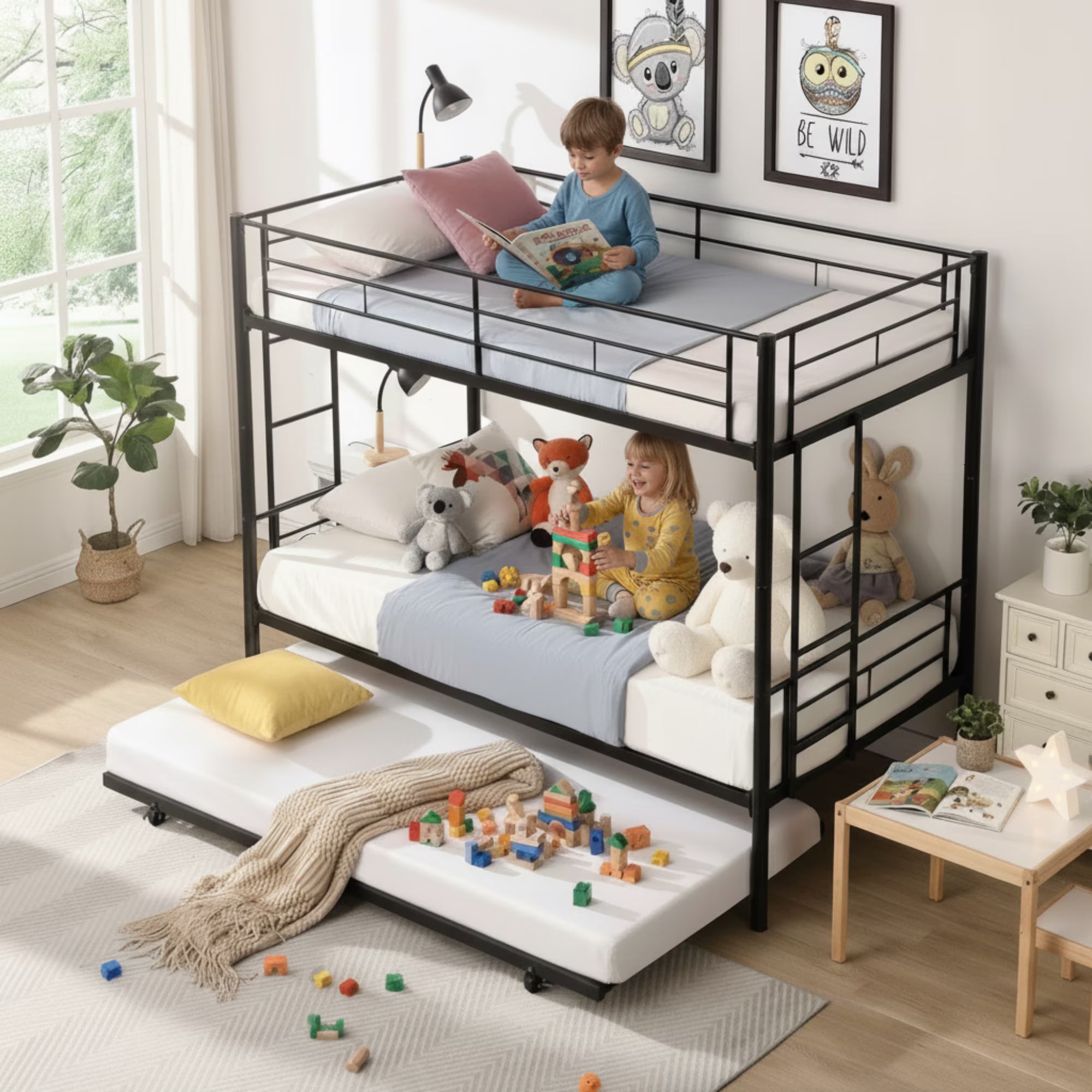 Enyopro Twin Bunk Bed with Trundle, Metal Bed Frame Bunk Beds for Teens Adult with Ladder and Safety Guardrails, Twin over Twin Bunk Bed Can be Split into 3 Twin Bed, TE736