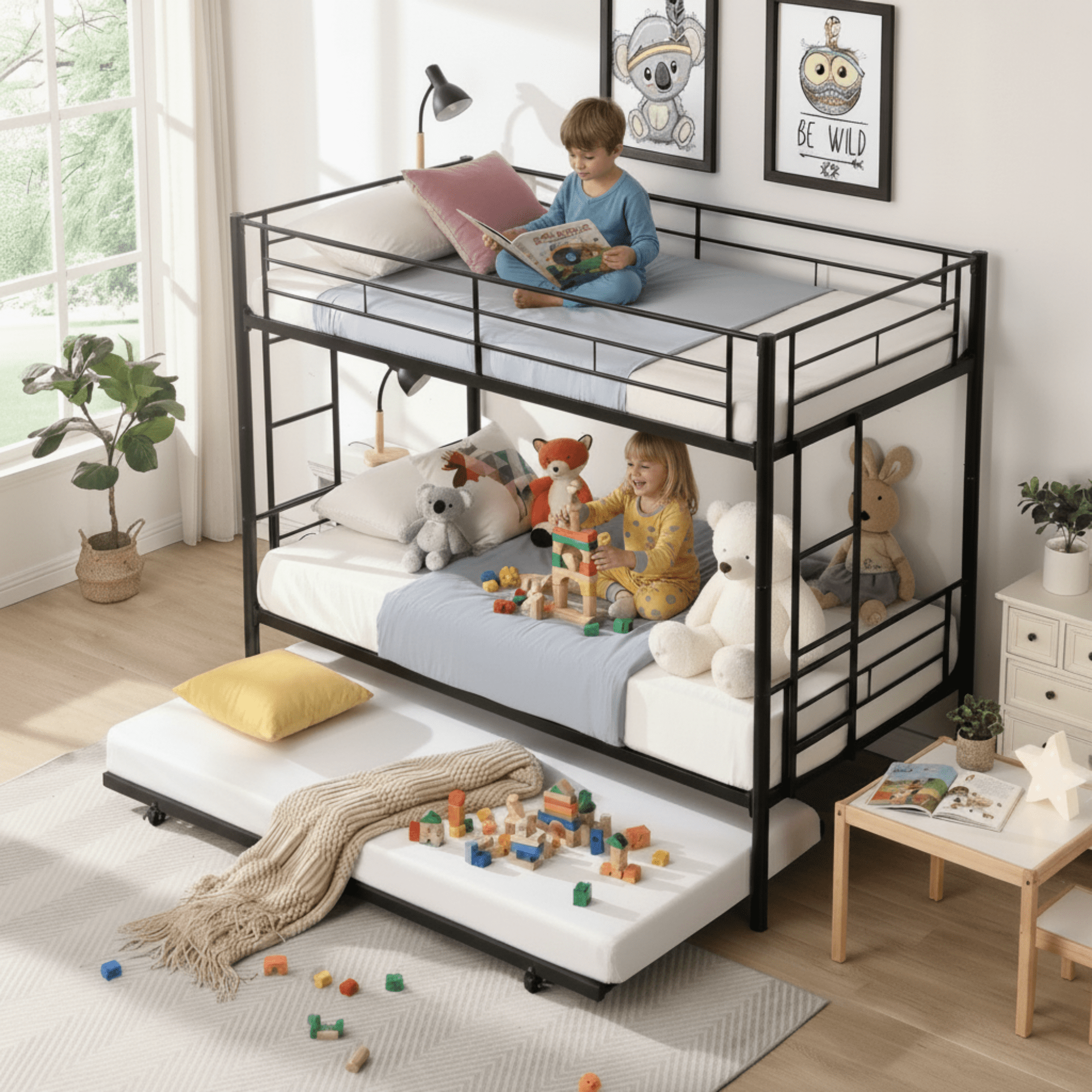 Enyopro Twin Bunk Bed with Trundle, Metal Bed Frame Bunk Beds for Teens Adult with Ladder and Safety Guardrails, Twin over Twin Bunk Bed Can be Split into 3 Twin Bed, TE736