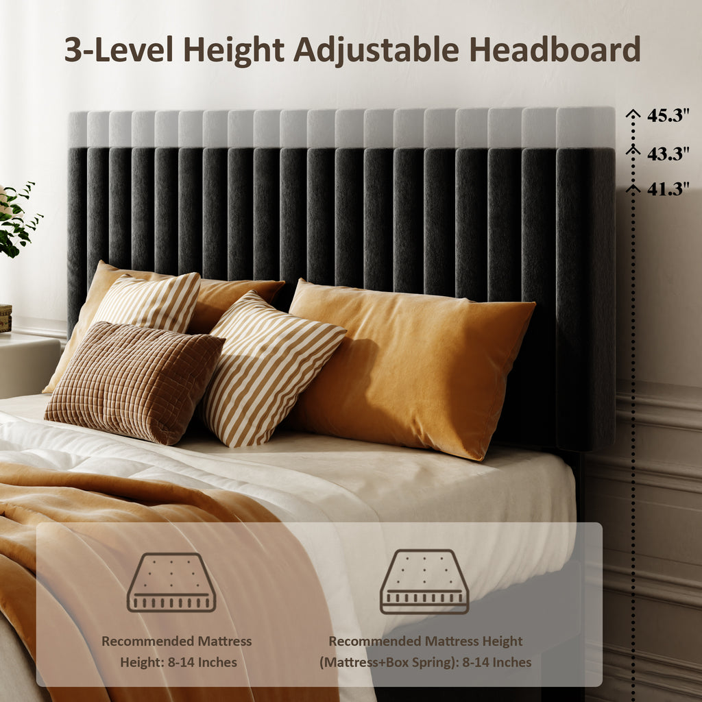 SESSLIFE Full Size Bed Frame with Adjustable Headboard, Velvet Upholstered Platform Bed Frame with Heavy Duty Support, No Box Spring Needed, Quiet Stable Slats, Modern Tufted Headboard, Black