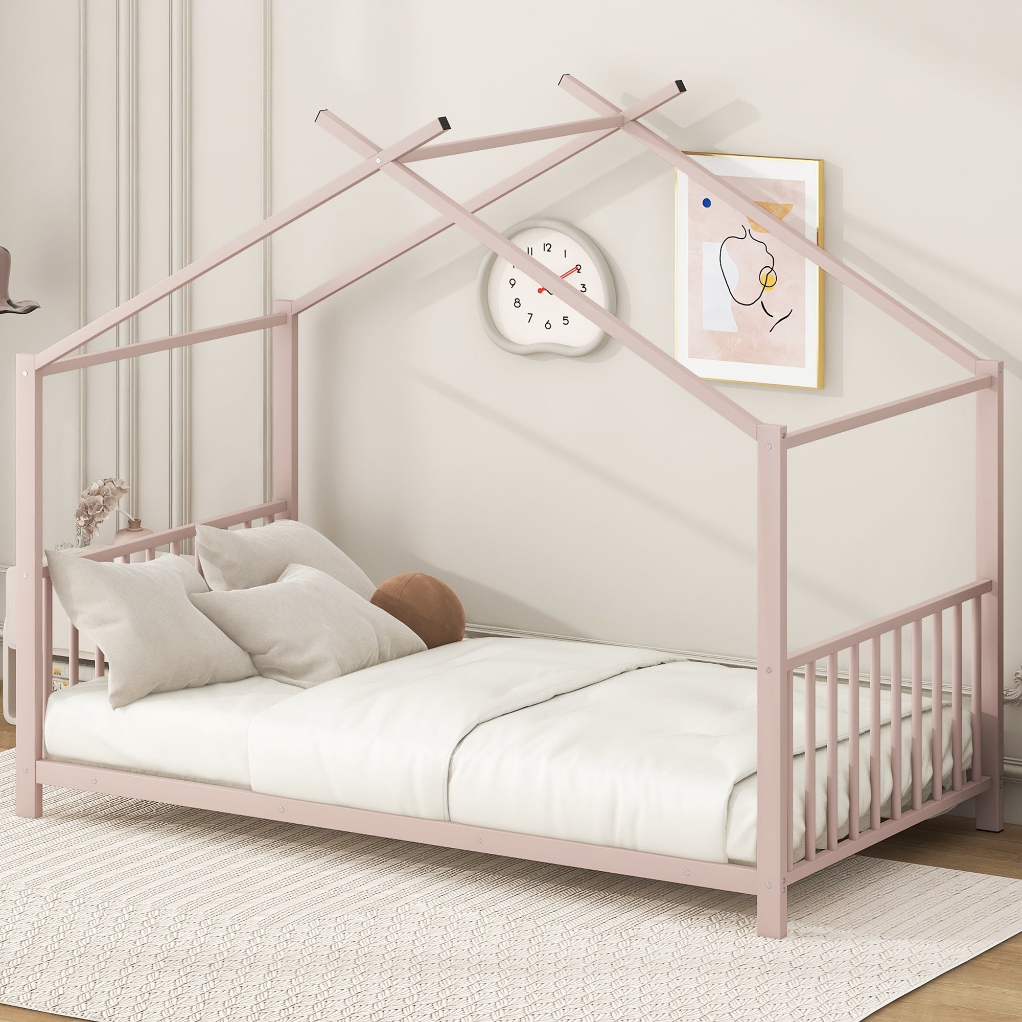 SESSLIFE Twin House Bed Frame White, Twin Floor Bed with Roof Frame, Montessori Style Metal Platform Bed with 18 Slats, No Box Spring Needed, 350 lb Support