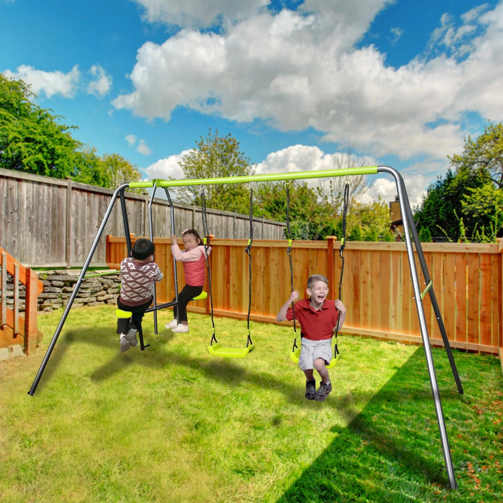 Metal Swing Sets for Outside, Kids Backyard Swing Set with Swing Chair, Glider, Ground Nail, 3 In 1 Outdoor Swing Set, Backyard Playground Swing Set for 3-12 Year, Max Weight 110 lbs