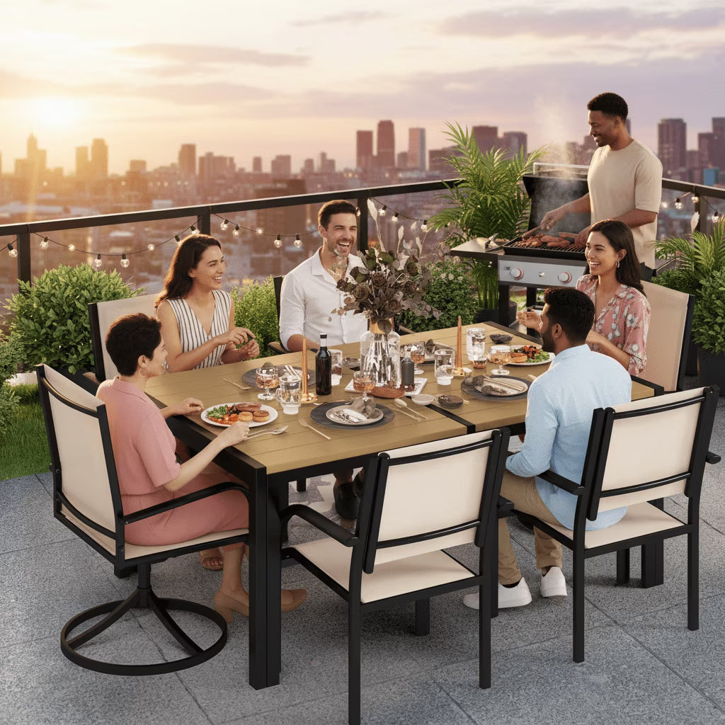 7-piece outdoor dining set includes two swivel chairs and a large vinyl dining table, covered in waterproof Textilene fabric, seats 6, beige.